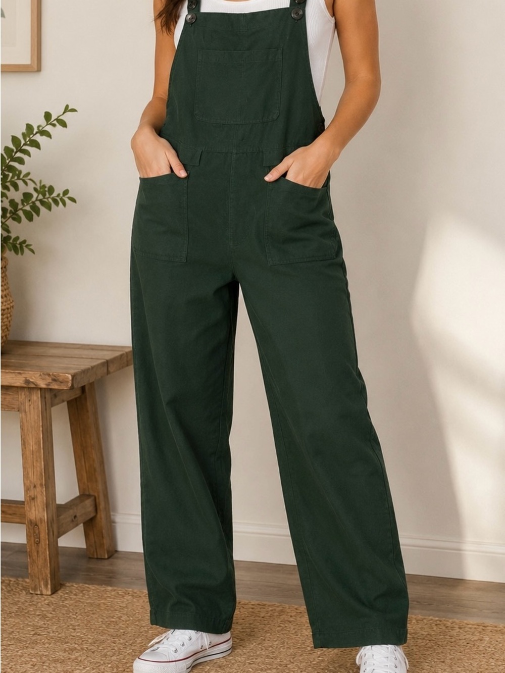 YESNO Wide-Leg Overalls Size L Dark Green Jumpsuit Bib Utility Overalls